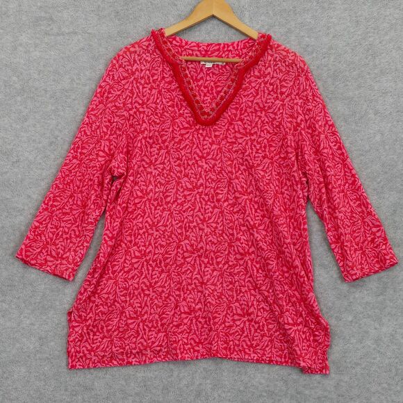 Chico’s Size 3 XL Reef Pink Red Linen Beaded Embellished Split Neck Tunic Top - Picture 4 of 14